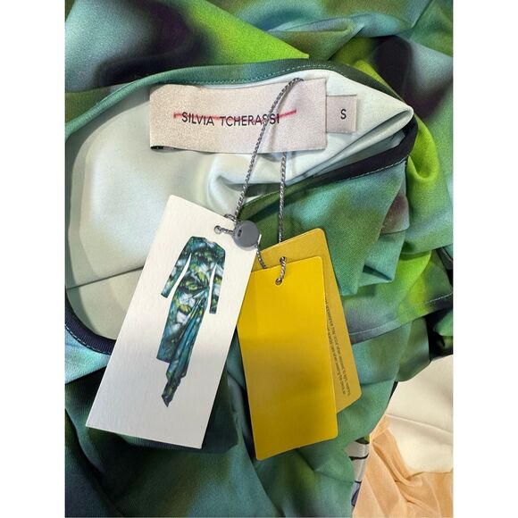 Silvia Tcherassi Ananya Abstract Long Sleeve Draped Midi Dress Green Small $990 - Picture 12 of 12